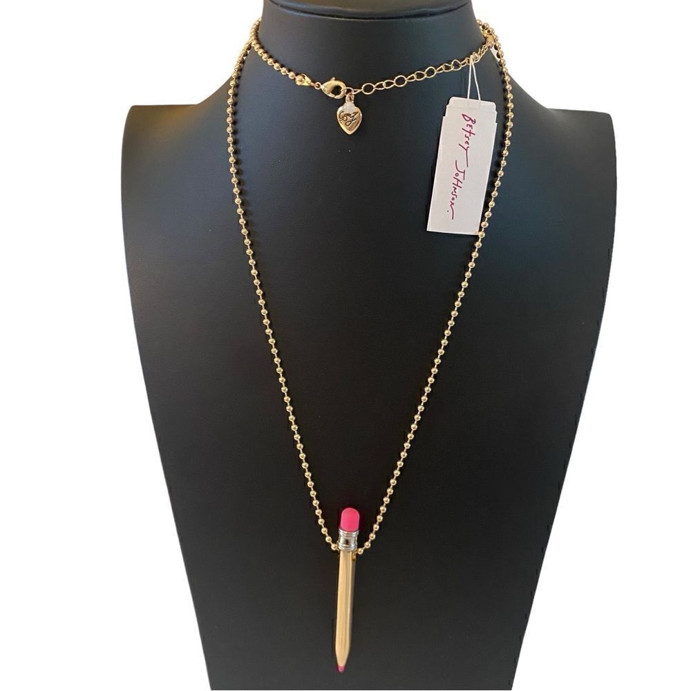 Betsey Johnson Gold Toned Pencil Necklace Complete with/ Hot Pink Eraser & Tip
